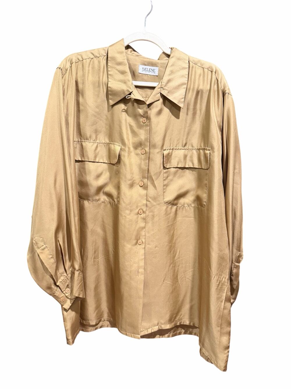 Vintage 90s Selena Paris Gold Silk Blouse Button Up Long Sleeve Size L Retro